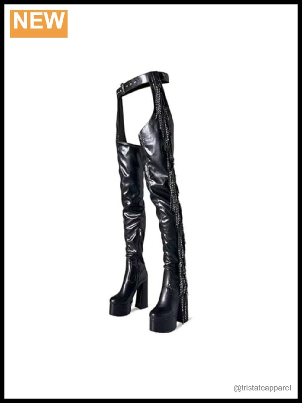 Western Fringe Thigh High Platform Boots Faux Leather Chunky Heel
